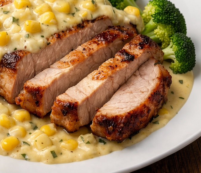 Roasted Pork Chop with Creamy Corn Sauce (Low-Carb)